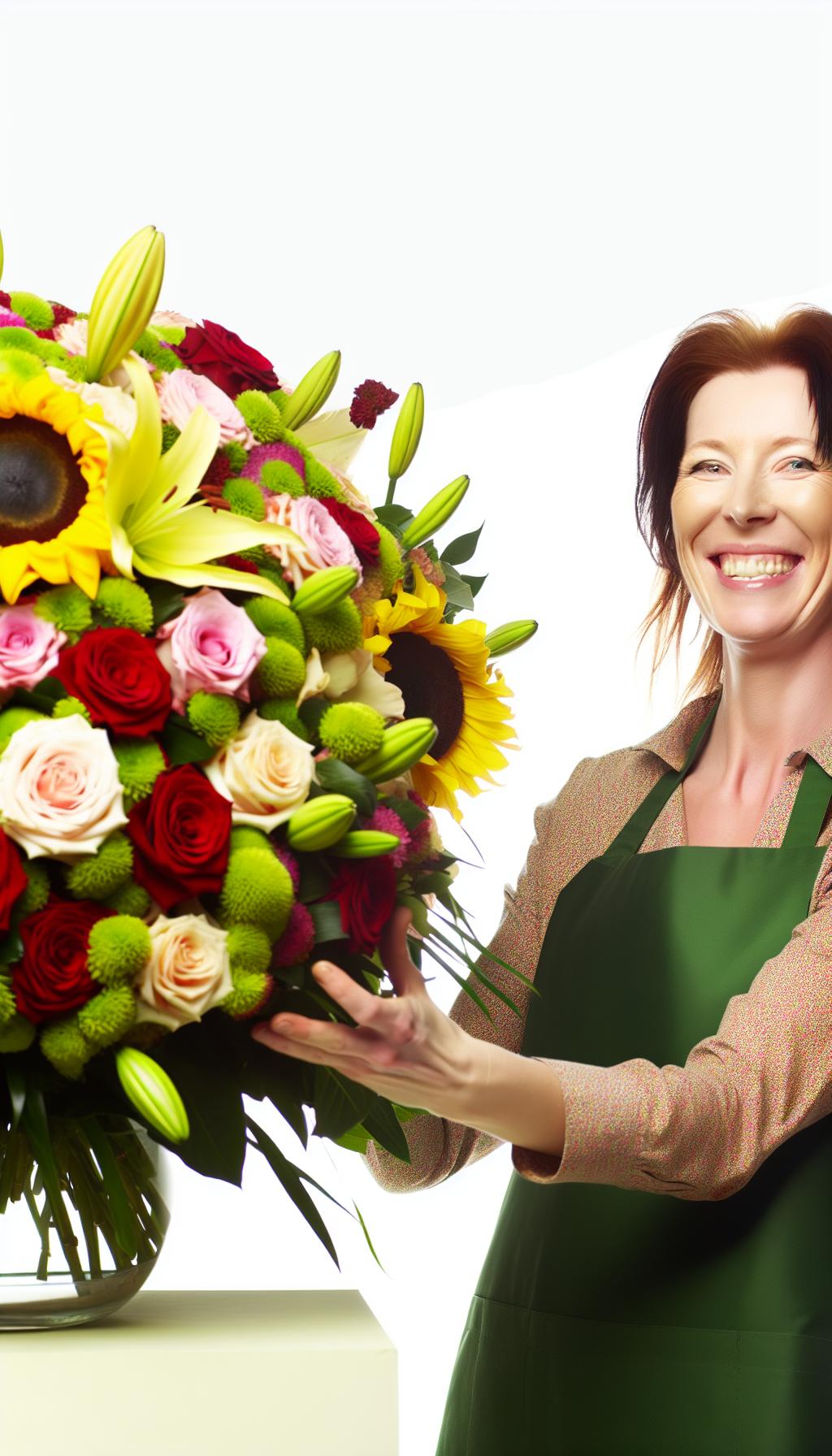 an American attractive female florist arranging an expansive grand bouquet of beautiful flowers head shot smiling big